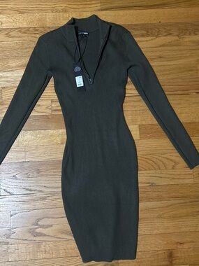 Fashion Nova Olive Ribbed Long Sleeve Zip-Front Bodycon Midi Dress